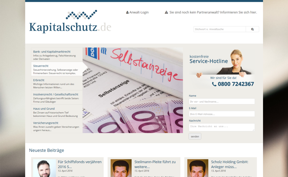 Screenshot der Startseite von Kapitalschutz.de.
