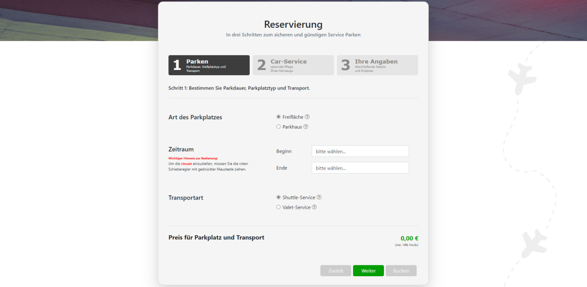 Reservierung auf der Website von ParkenFlughafenDUS.de.