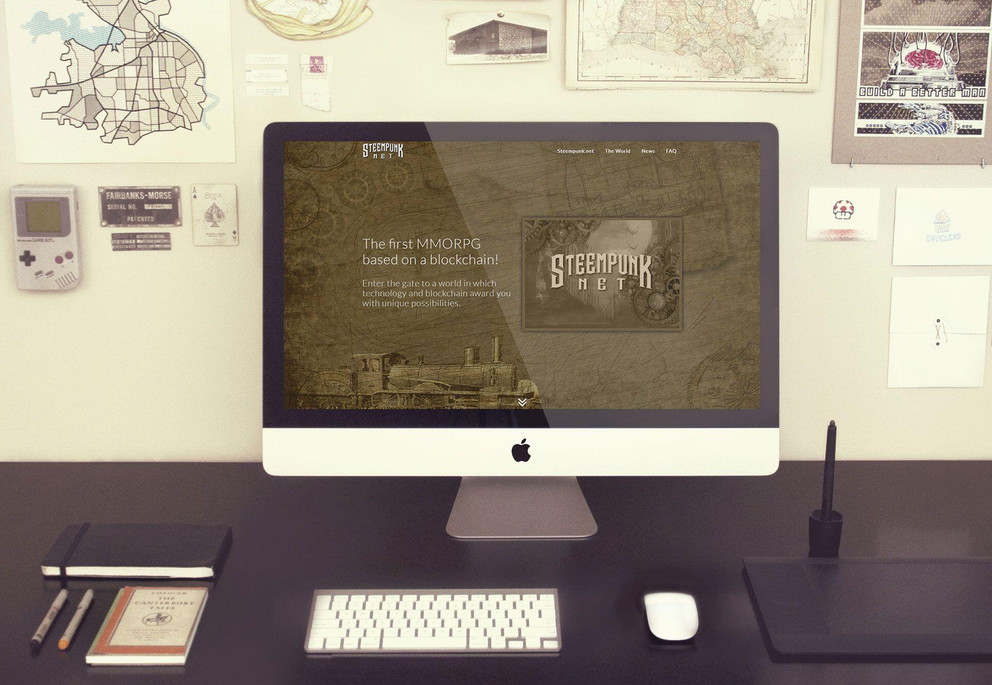 Steempunk.net – Desktop-Mockup Steempunk.net-Website auf einem Desktop-Monitor.