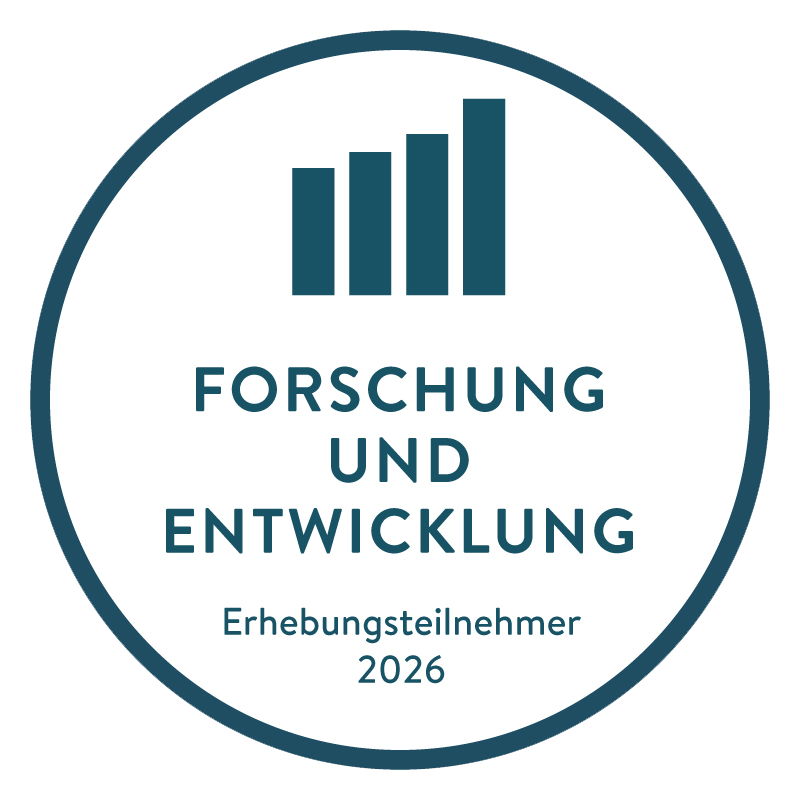 Siegel für Forschung und Entwicklung mit Hinweis auf eigene Entwicklungsprojekte und Teilnahme an der FuE-Erhebung bei PCSG